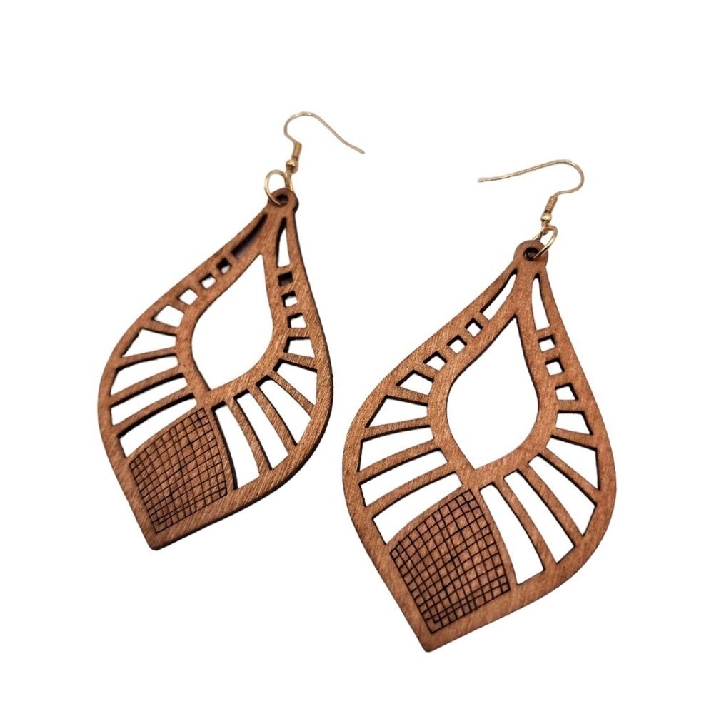 Wood Earrings Brown Teardrop - Picture 3 of 3